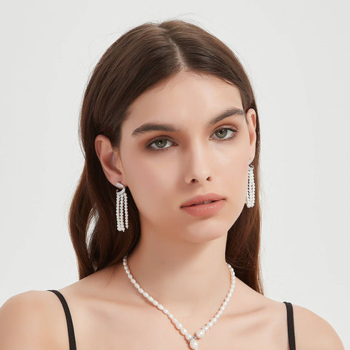 Curved Cubic Zirconia & Multi-Chain Pearl Earrings - House Of Pearls